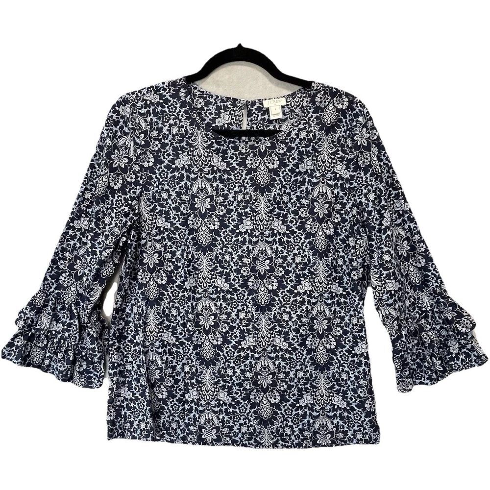 J Crew Shirt Womens Size 6 Blue Floral Ruffle Cottagecore Coquette Peasant Boho